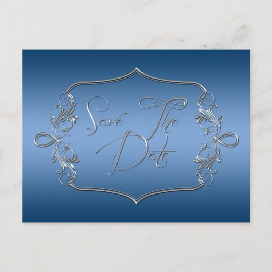 Blaues Verziertes Silber Save the Date Ankündigungspostkarte (Vorderseite)