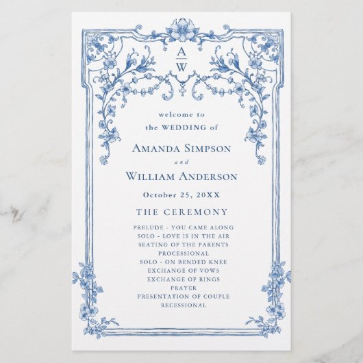 Blaues Viktorianisches Verziertes Hochzeitsprogram (Vorderseite)