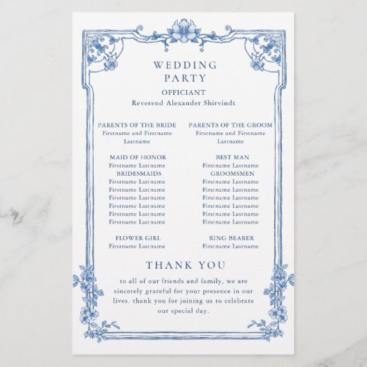 Blaues Viktorianisches Verziertes Hochzeitsprogram (Rückseite)