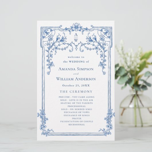 Blaues Viktorianisches Verziertes Hochzeitsprogram (Stehend Vorderseite)