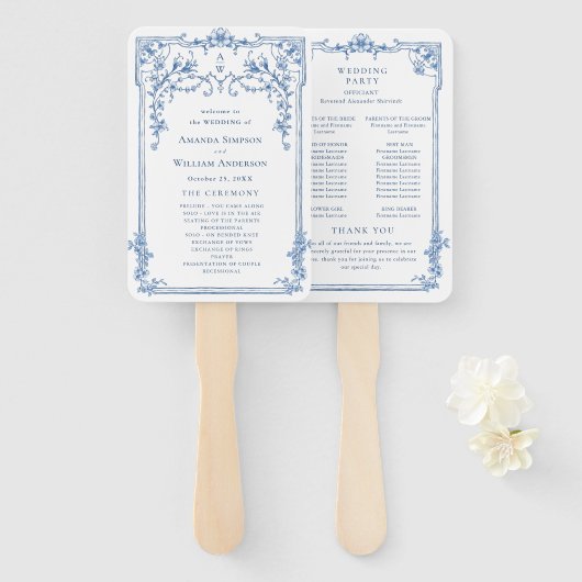 Blaues Viktorianisches Verziertes Hochzeitsprogram Fächer (Vorne und Hinten)