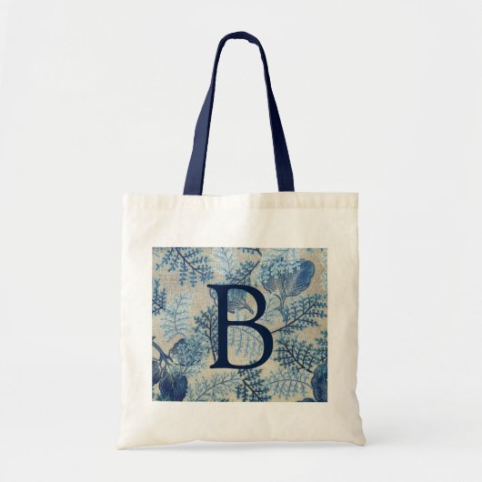 Blaues Vintage-Blattmuster Blaues Monogramm Tragetasche (Vorne)