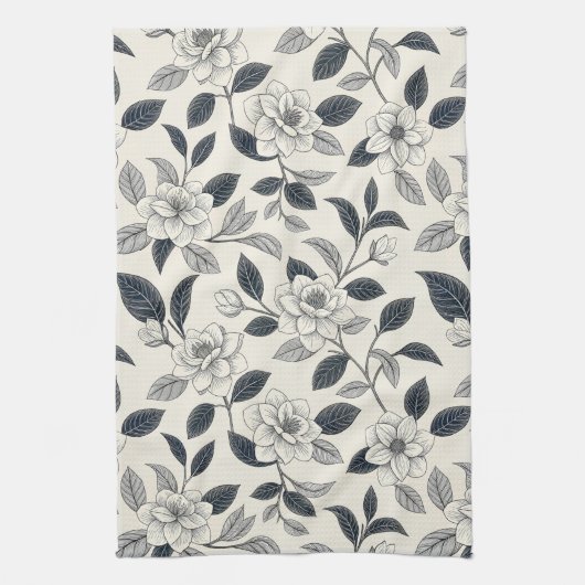 Blaues Vintage-Blumen-Botanik-Muster (2) Geschirrtuch (Vertikal)