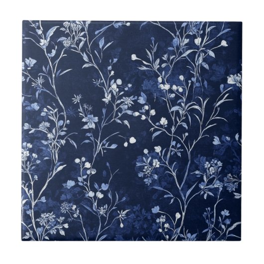 Blaues Vintage-Blumen-Toile-Muster (11) Fliese (Vorderseite)