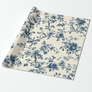 Blaues Vintage-Blumen-Toile-Muster (2) Geschenkpapier