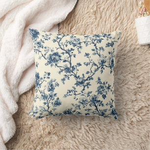 Blaues Vintage-Blumen-Toile-Muster (2) Kissen