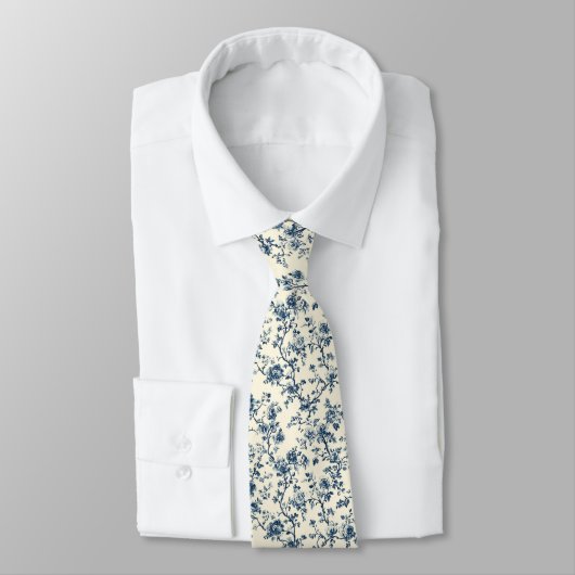 Blaues Vintage-Blumen-Toile-Muster (2) Krawatte (Gebunden)