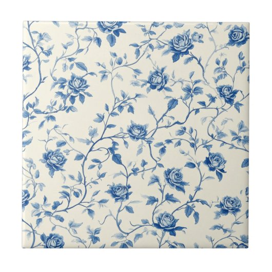Blaues Vintage-Blumen-Toile-Muster (3) Fliese (Vorderseite)