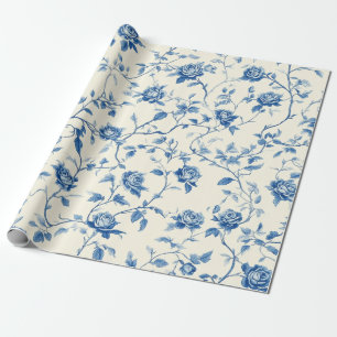Blaues Vintage-Blumen-Toile-Muster (3) Geschenkpapier