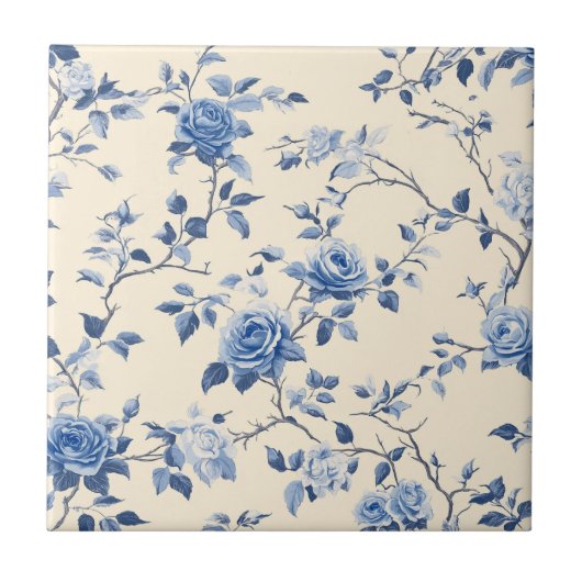 Blaues Vintage-Blumen-Toile-Muster (6) Fliese (Vorderseite)