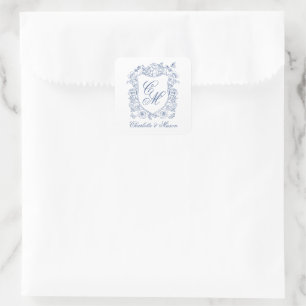 Blaues Vintage-Blumen-Wappen-Hochzeits-Monogramm-S Quadratischer Aufkleber
