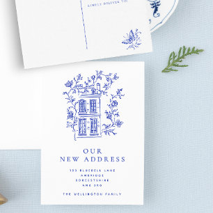 Blaues Vintage-Blumenhaus Neue Anschrift Ankündigu Postkarte