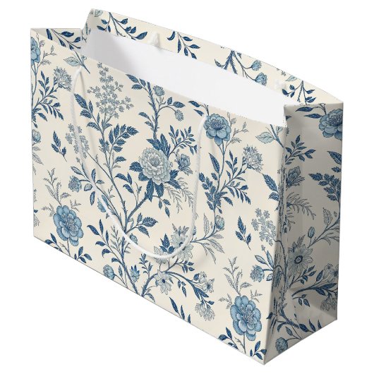 Blaues Vintage-Blumenmuster Große Geschenktüte (Rückseite Schrägansicht)