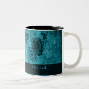 Blaues Vintage-Blumenmuster mit individuellem Name Zweifarbige Tasse