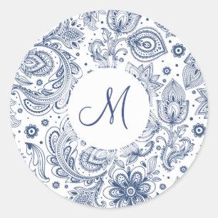 Blaues Vintage-Blumenmuster Monogramm-Rundsticker Runder Aufkleber