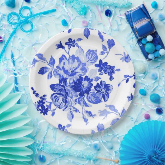 Blaues Vintage-Blumenmuster Pappteller (Party)