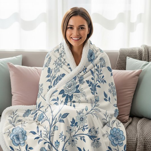 Blaues Vintage-Blumenmuster Sherpadecke