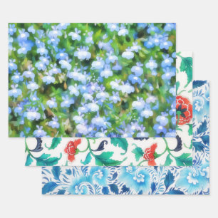 Blaues Vintage-Blumenmuster-Verpackungsbastelpapie Geschenkpapier Set