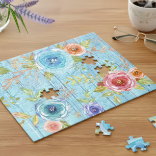 Blaues vintage-blumiges Wasserfarben-Landhaus-Holz Puzzle