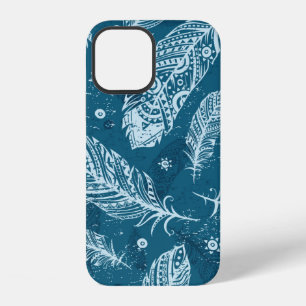 Blaues vintage Feder Muster iPhone 12 Hülle