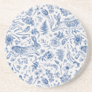 Blaues Vintage-Hasen- und Frühlingsblumenmuster Getränkeuntersetzer