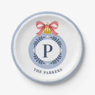 Blaues Vintage-Monogramm-Weihnachtsornament Pappteller
