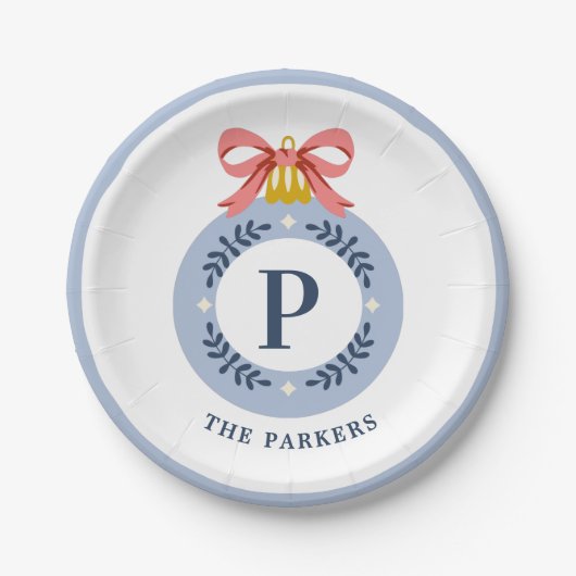 Blaues Vintage-Monogramm-Weihnachtsornament Pappteller (Vorderseite)