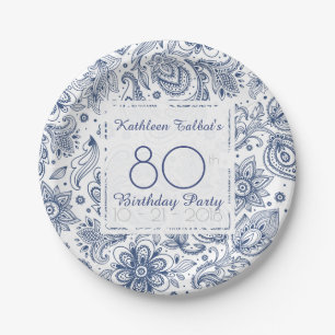 Blaues Vintages 80. Geburtstags-Party-Papierplatte Pappteller