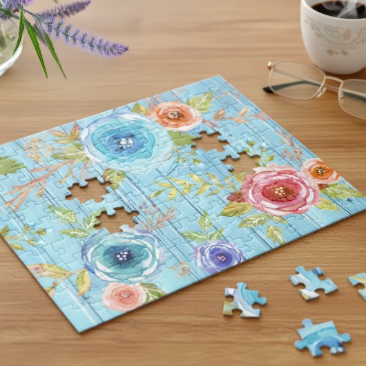 Blaues Vintages, blumenfarbenes, rustikales Landho Puzzle