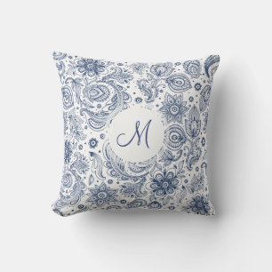 Blaues Vintages Blumenmuster Monogram Pillow Kissen