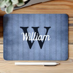 Blaues Vintages Pinstrichband Retro-Navy-Monogramm Mousepad<br><div class="desc">Dieses Design zeichnet sich durch ein Vintages pinstripe Muster in blau mit marineblau gestrichelten Streifen aus. Personalisieren Sie es mit Ihrem Monogramm Initial in marineblau und Ihrem Namen in weißem Retro-Skript.</div>