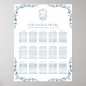 Blaues Vintages Wappen Hochzeit 15 Tafelsitzkarten Poster (Vorne)