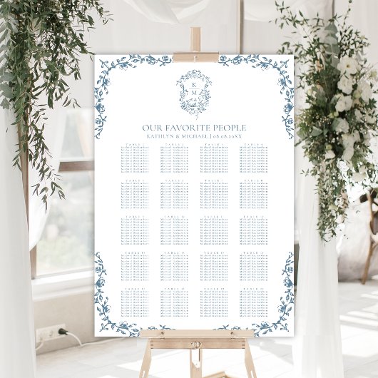 Blaues Vintages Wappen Hochzeit 20 Tischsitze Poster