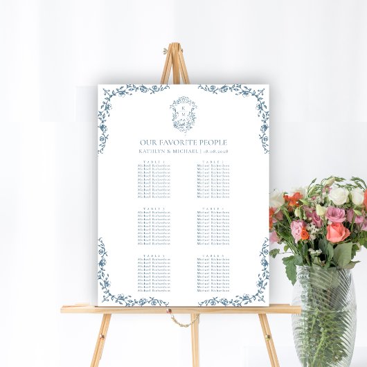 Blaues Vintages Wappen Hochzeit 9 Tischkarten Poster