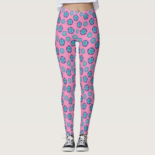 Blaues Violett Rosa Blumenmuster Leggings (Vorderseite)