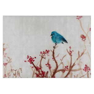 Blaues Vogel-und Beeren-Glasschneiden verschalen Schneidebrett