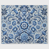 Blaues volkstümliches Blumenmuster Geschenkpapier (Flach)