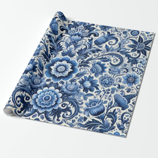 Blaues volkstümliches Blumenmuster Geschenkpapier (Ungerollt)