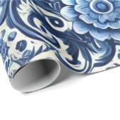 Blaues volkstümliches Blumenmuster Geschenkpapier (Rolleneckpunkt)