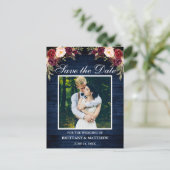Blaues Waldburgund-Foto Save the Date Postkarte (Stehend Vorderseite)