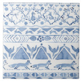 Blaues Waldland Tier Ikat Pattern Fox Rabbit Bird Fliese (Vorderseite)
