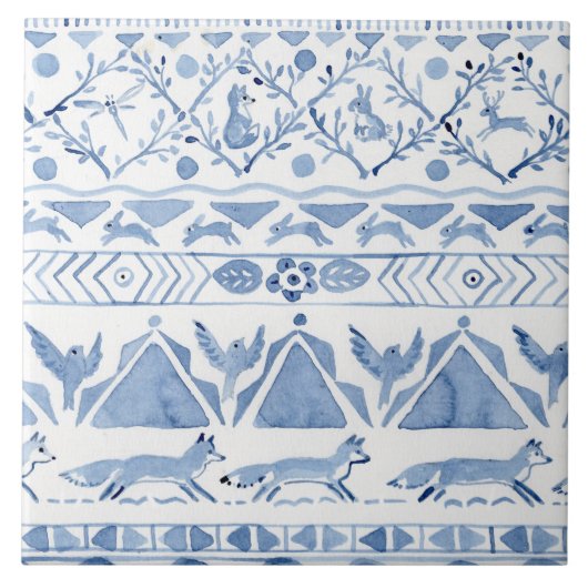 Blaues Waldland Tier Ikat Pattern Fox Rabbit Bird Fliese (Vorderseite)