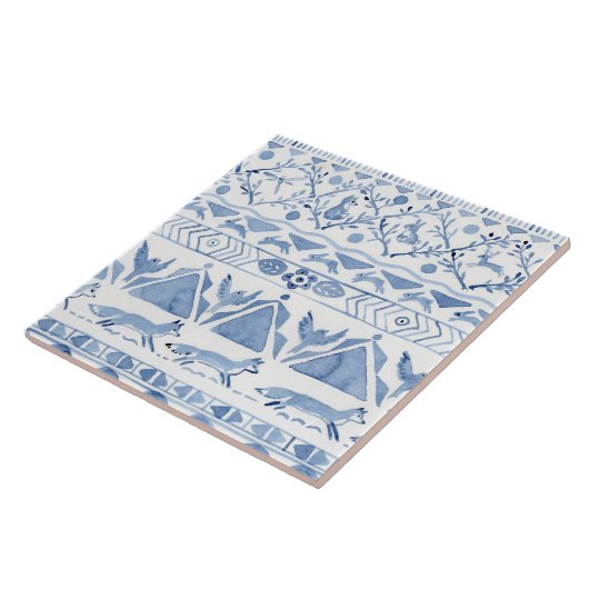 Blaues Waldland Tier Ikat Pattern Fox Rabbit Bird Fliese (Seite)