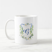 blaues Wappen der Watercolormonogramm-Tasse mit Kaffeetasse (Links)