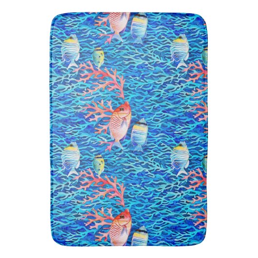 Blaues Wasser, Fisch und Korallen Badematte (Vorderseite Vertikal)