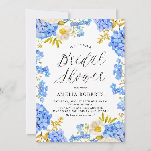 Blaues Wasserfarbe Hydrangea Blumengebäck Brautpar Einladung (Vorderseite)