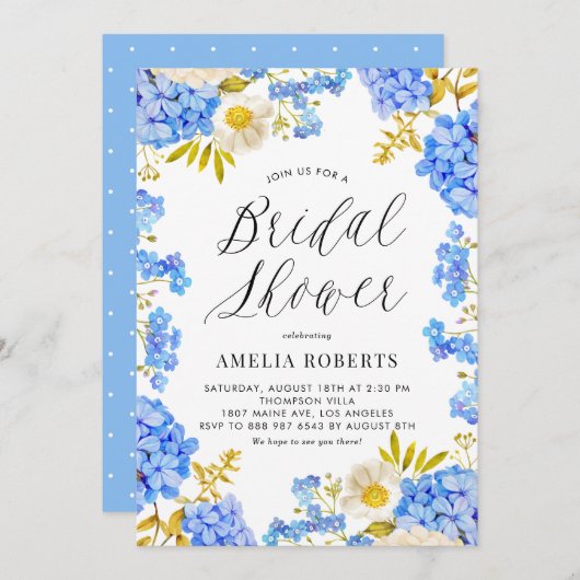 Blaues Wasserfarbe Hydrangea Blumengebäck Brautpar Einladung (Vorne/Hinten)