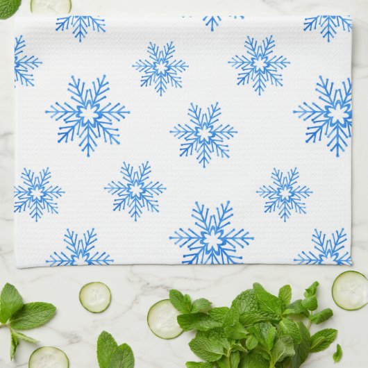 Blaues Wasserfarben-Schneeflockenmuster Geschirrtuch (Gefaltet)