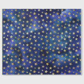Blaues Wasserfarbenmuster mit Goldstars Geschenkpapier (Flach)