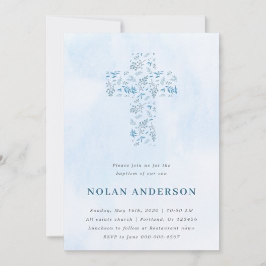 Blaues Wasserfarbkreuz in Kalligrafie Taufe Junge Einladung (Vorderseite)